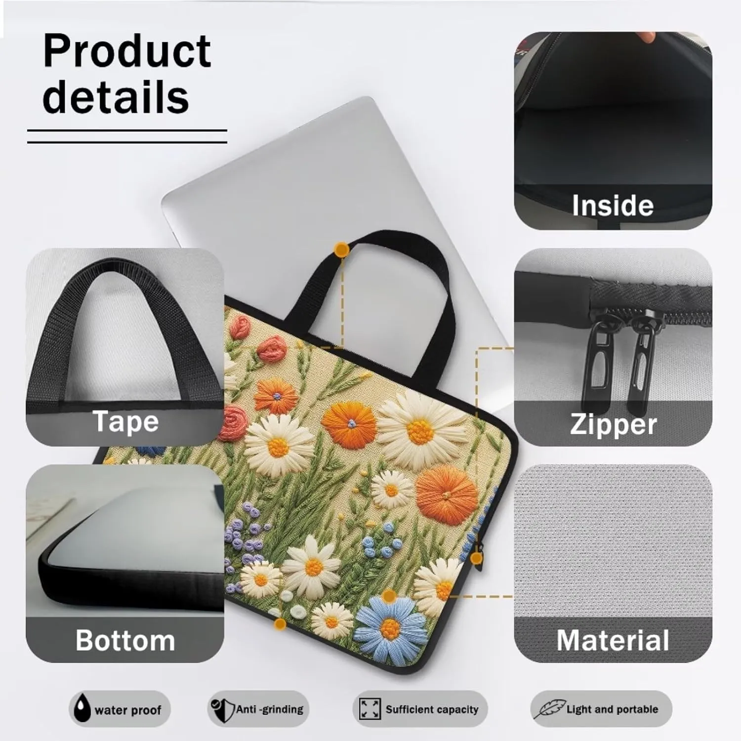 3D Daisy Flower Rose Print Laptop Sleeve Bag 10-17 Inch Waterproof Laptop Case with Handle and Pocket for Women Men Tablet Protective Briefcase with Zipper for Study Work, 15inch