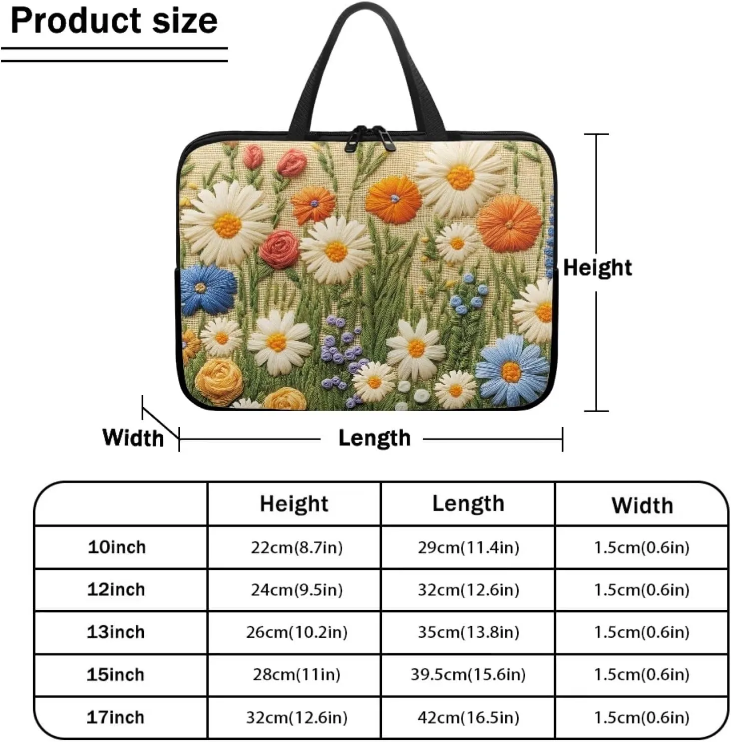 3D Daisy Flower Rose Print Laptop Sleeve Bag 10-17 Inch Waterproof Laptop Case with Handle and Pocket for Women Men Tablet Protective Briefcase with Zipper for Study Work, 15inch