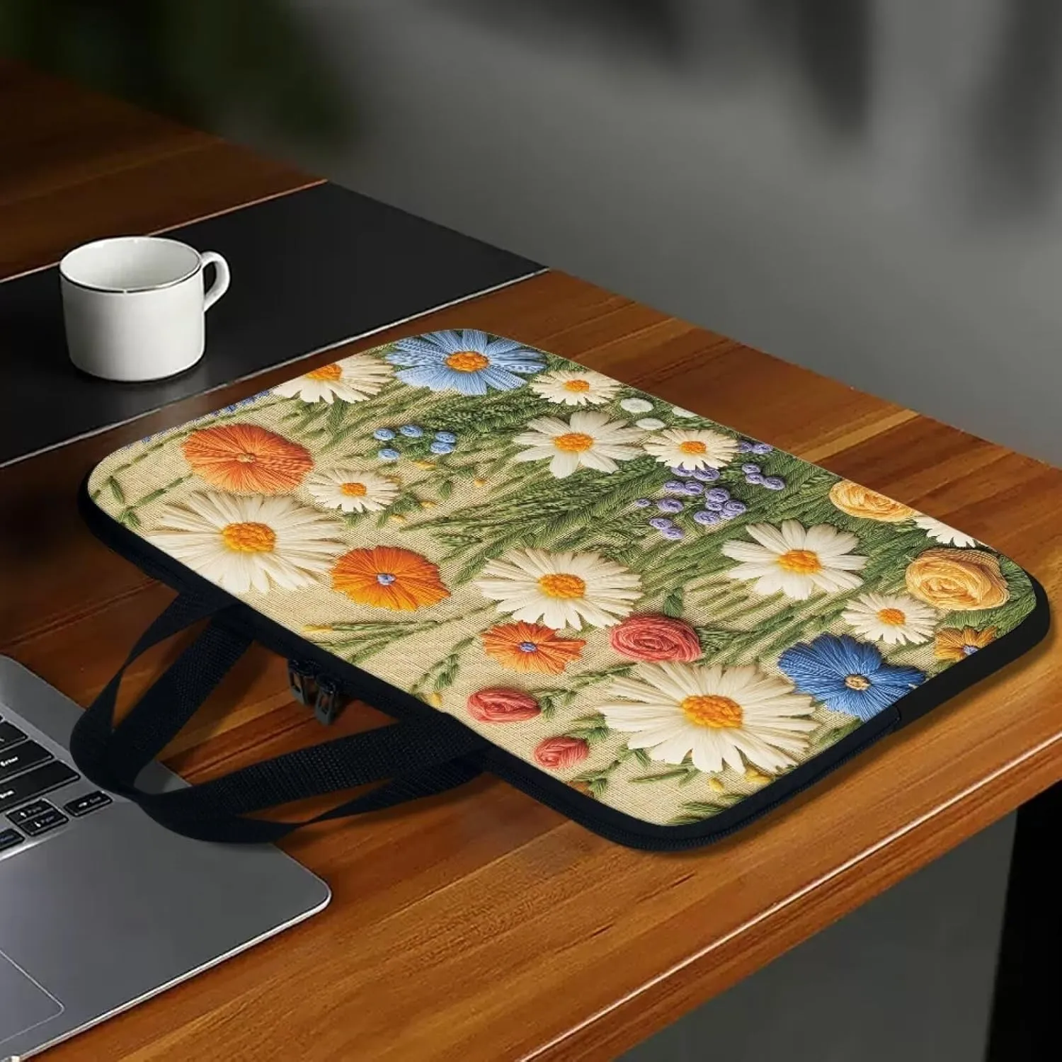 3D Daisy Flower Rose Print Laptop Sleeve Bag 10-17 Inch Waterproof Laptop Case with Handle and Pocket for Women Men Tablet Protective Briefcase with Zipper for Study Work, 15inch