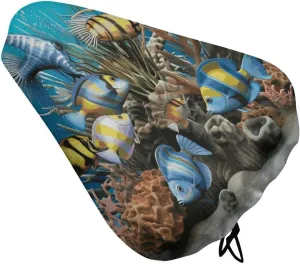 3D Ocean Fish Bike Seat Cover Water-Repellent Exercise Bike Seat Cushion Bicycle Saddle Cover with Drawstring Rain Snow Dust Covers for City Mountain Road Biking
