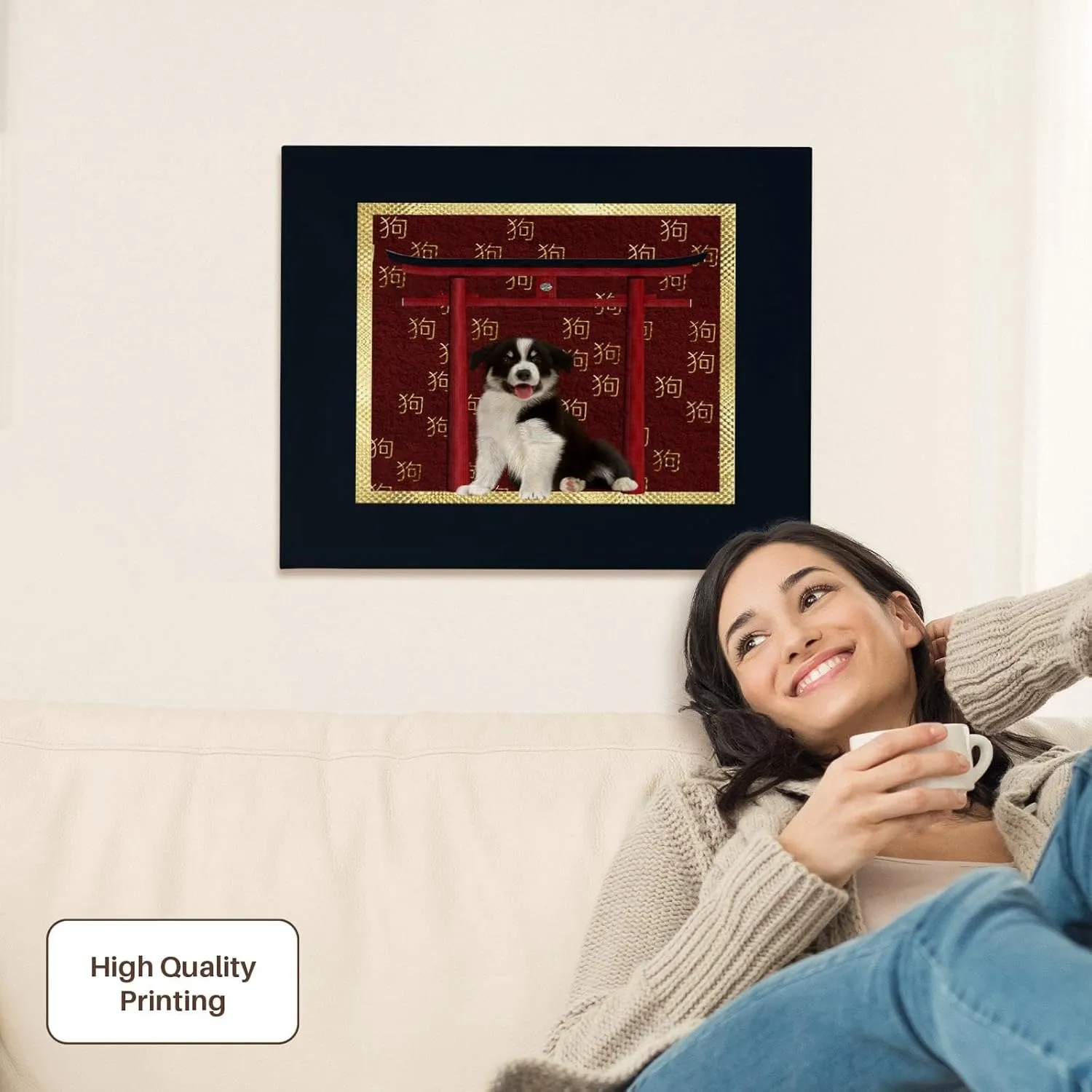 3dRose, Border Collie, Red Asian Arch, Scattered Sign of the Dog, Gold, Museum Grade Canvas Wrap 20x16