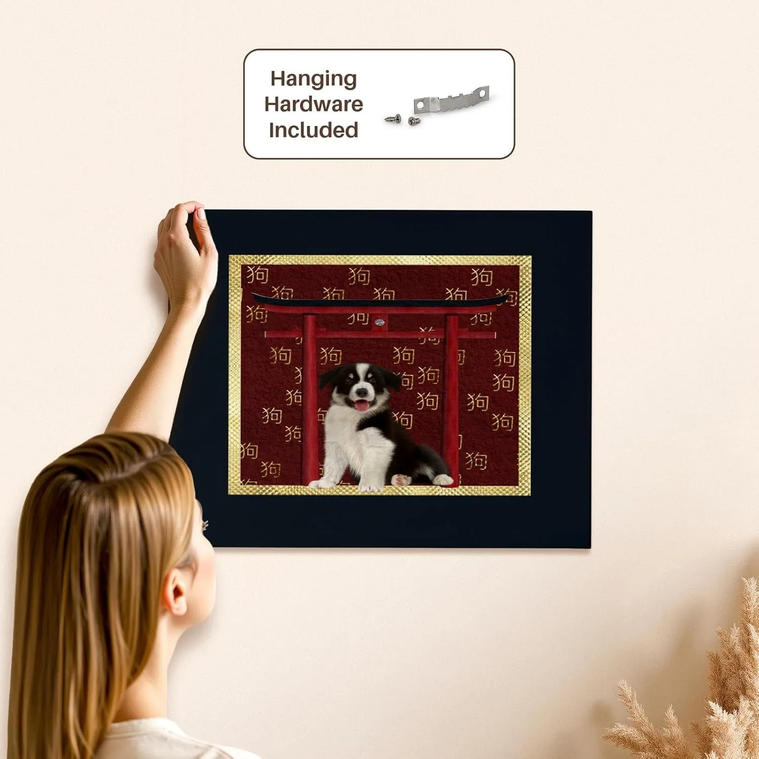 3dRose, Border Collie, Red Asian Arch, Scattered Sign of the Dog, Gold, Museum Grade Canvas Wrap 20x16