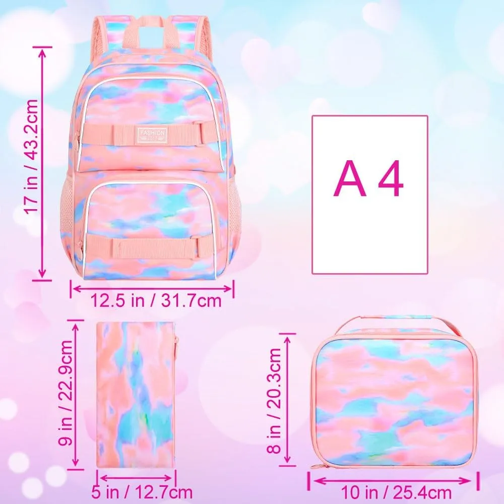 3Pcs Backpack for Girls Boys, 17 Inch School Bookbag with Lunch Box, Durable Laptop Backpacks Set for Teens College