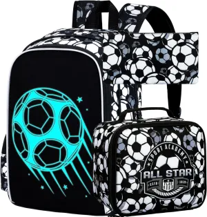 3Pcs Glow in The Dark Soccer Backpack for Boys, 17 Inches Football School Bookbag Set for Teens, Laptop Backpacks with Lunch Bag(Black)