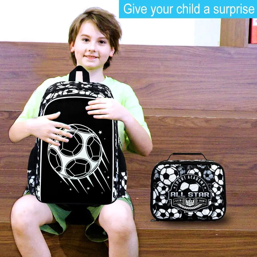 3Pcs Glow in The Dark Soccer Backpack for Boys, 17 Inches Football School Bookbag Set for Teens, Laptop Backpacks with Lunch Bag(Black)