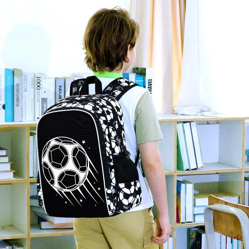 3Pcs Glow in The Dark Soccer Backpack for Boys, 17 Inches Football School Bookbag Set for Teens, Laptop Backpacks with Lunch Bag(Black)