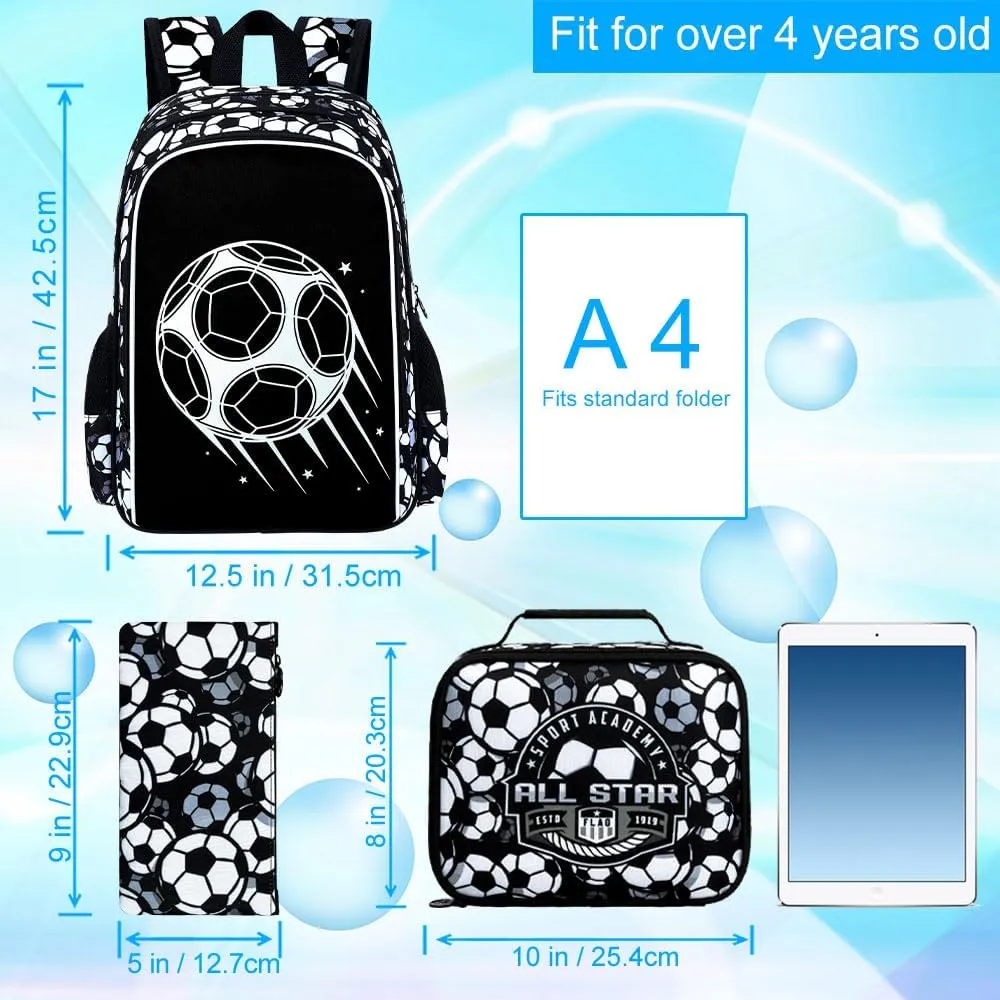3Pcs Glow in The Dark Soccer Backpack for Boys, 17 Inches Football School Bookbag Set for Teens, Laptop Backpacks with Lunch Bag(Black)