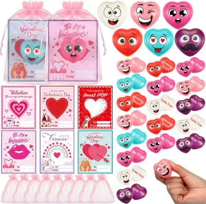 48 Sets Valentine Heart Stress Ball Bulk with Organza Bags and Valentine Cards Stress Relief Fidget Toy Heart Fidget Toy for Valentine Party Favors Classroom Prize Exchange Gifts