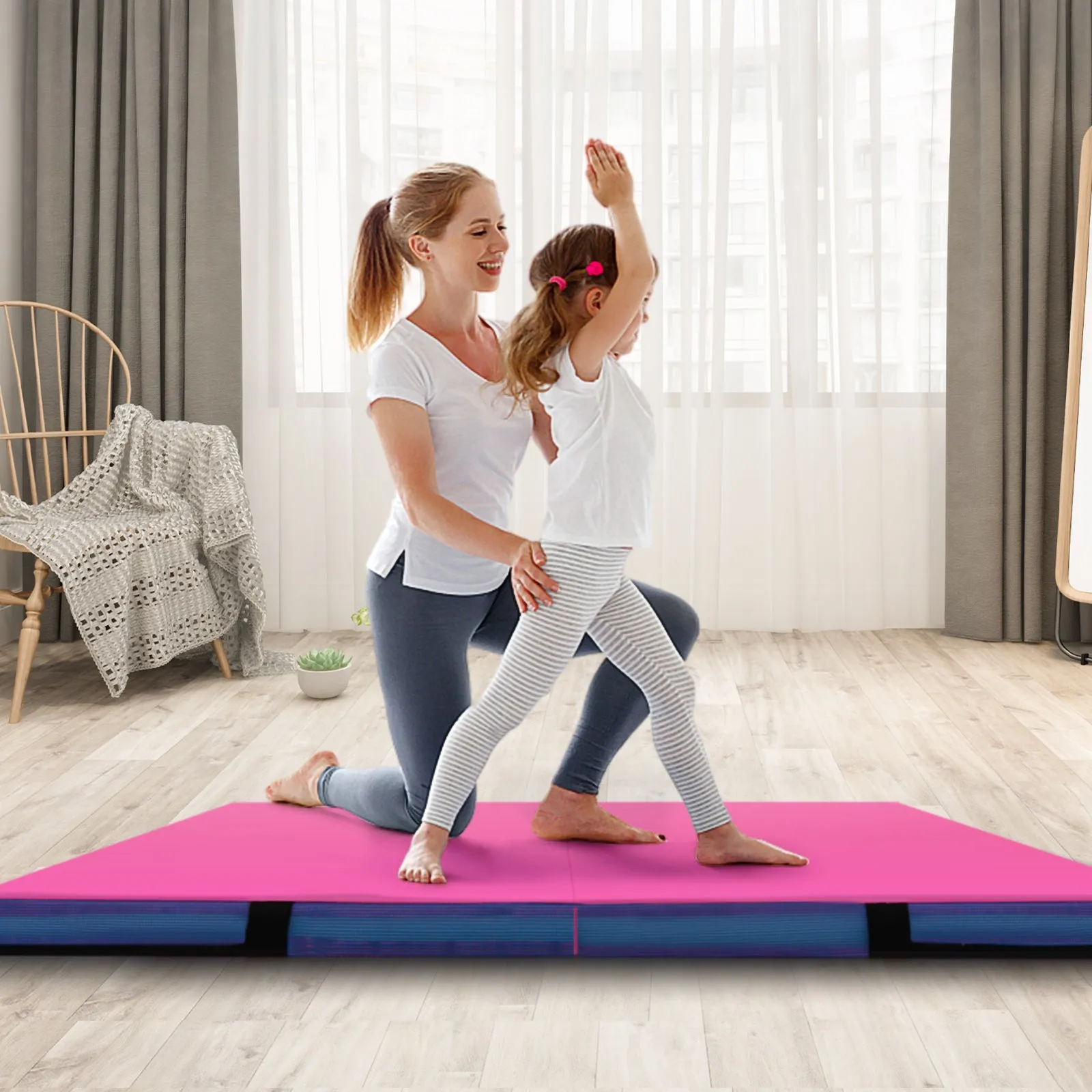 4ft x 4ft x 4in Bi-Folding Gymnastic Tumbling Mat with Handles and Cover-Pink