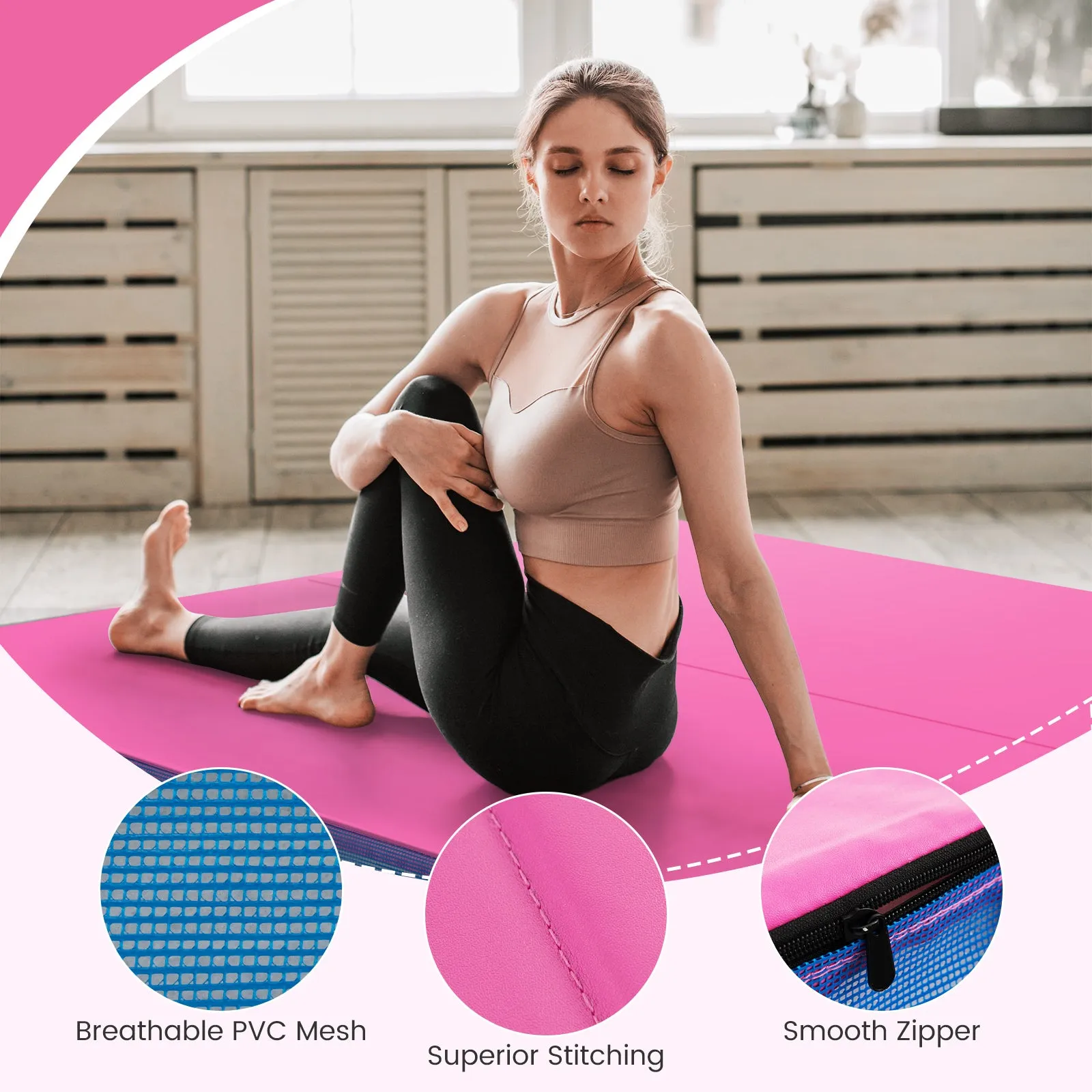 4ft x 4ft x 4in Bi-Folding Gymnastic Tumbling Mat with Handles and Cover-Pink
