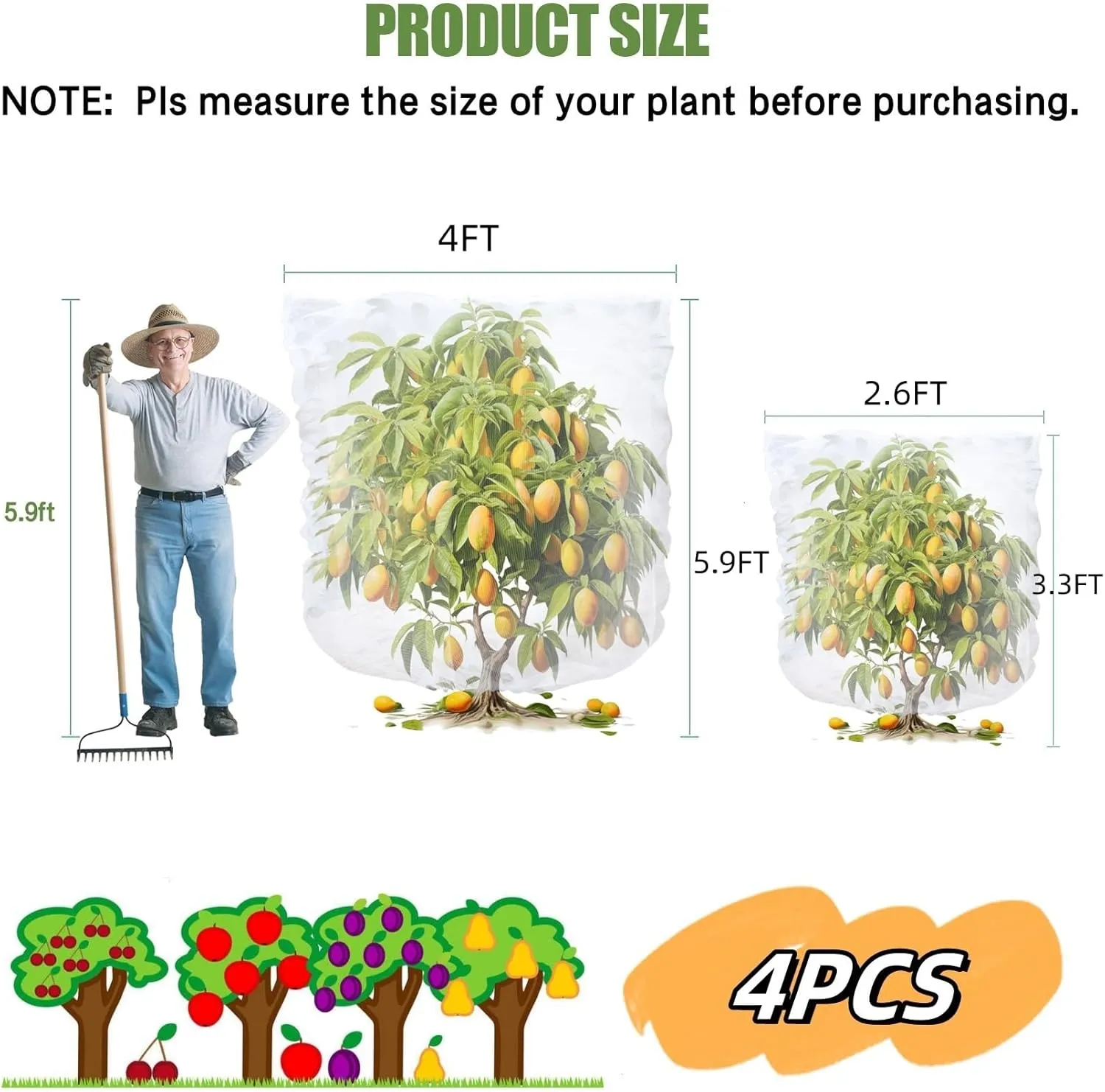 4PCS 2 Sizes Bird Netting Tree Mesh Bag with Drawstring Garden Insect Netting Pest Barrier Blueberry Netting Plant Row Cover White Mosquito Net for Fruit/Flower/Vegetables