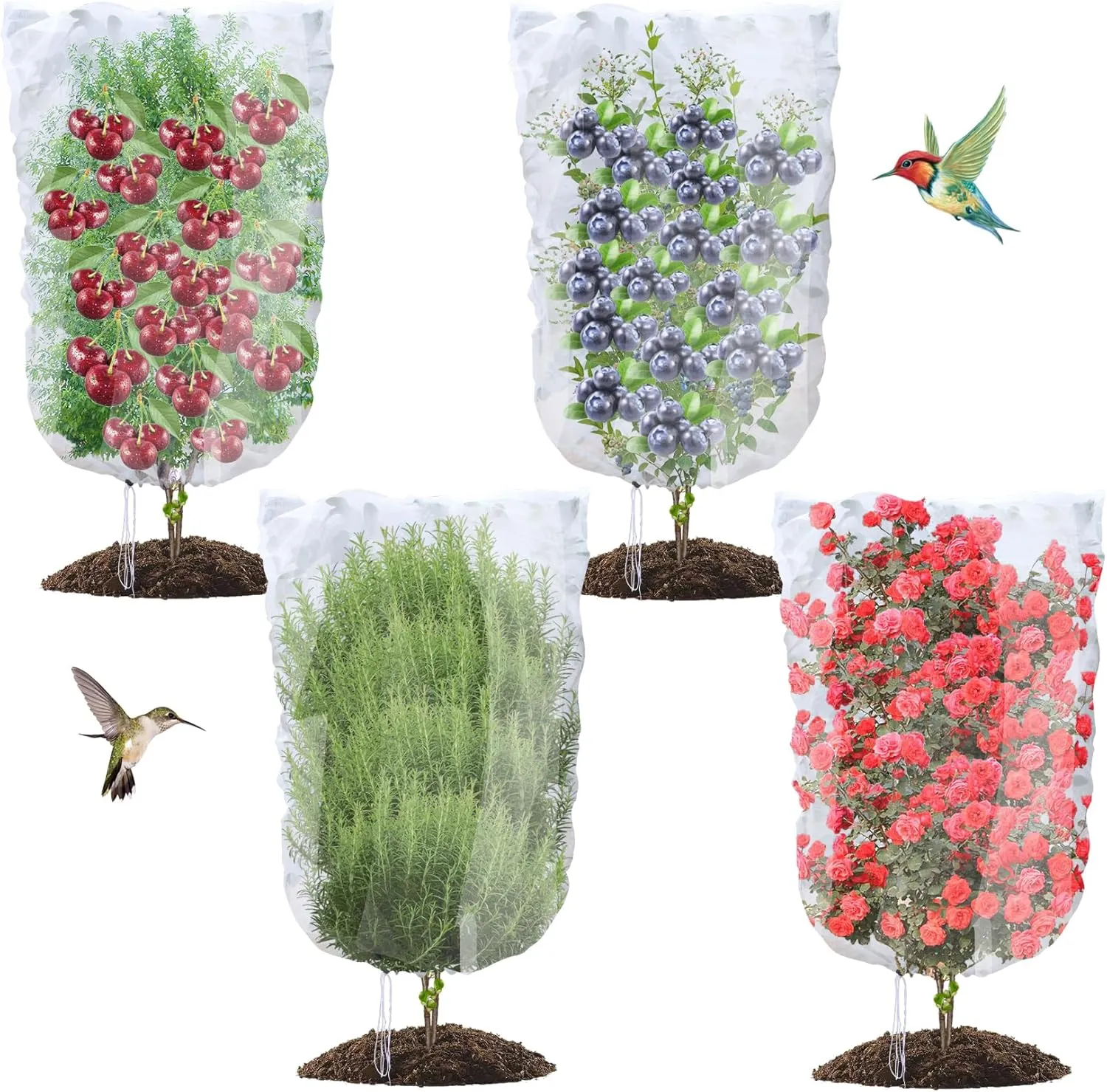 4PCS Bird Netting for Blueberry Bushes 3.3x5FT,Fruit Trees Mesh Bag with Drawstring Garden Insect Netting Pest Barrier Plant Row Cover White Mosquito Net for Fruit/Flower/Herb/Vegetables