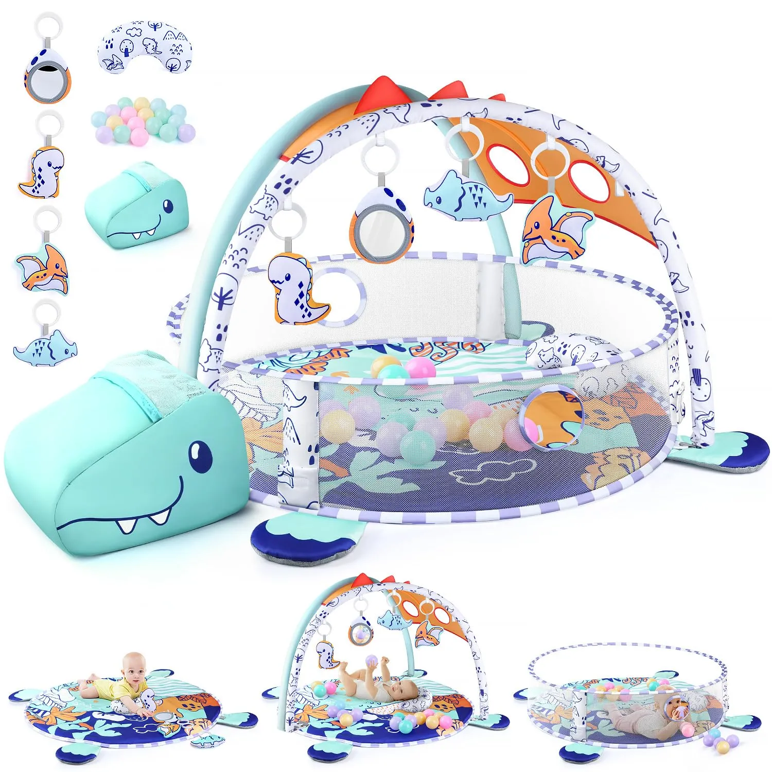 5-in-1 Baby Play Mat - Dinosaur Themed Activity Gym for Babies 0-6 Months with Ball Pit, Detachable Sensory Toys, Pillow, Machine Washable