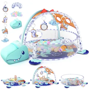 5-in-1 Baby Play Mat - Dinosaur Themed Activity Gym for Babies 0-6 Months with Ball Pit, Detachable Sensory Toys, Pillow, Machine Washable