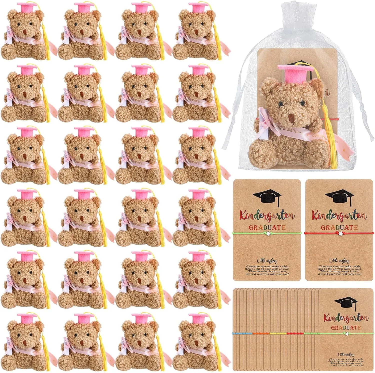 50 Pcs 2025 Kindergarten Graduation Bear Bulk Set with 25 Graduation Gift Mini Stuffed Bears 25 Wish Bracelet Organza Bag Card for Kid Child Kindergarten Class of 2025 Party Favors(Pink)
