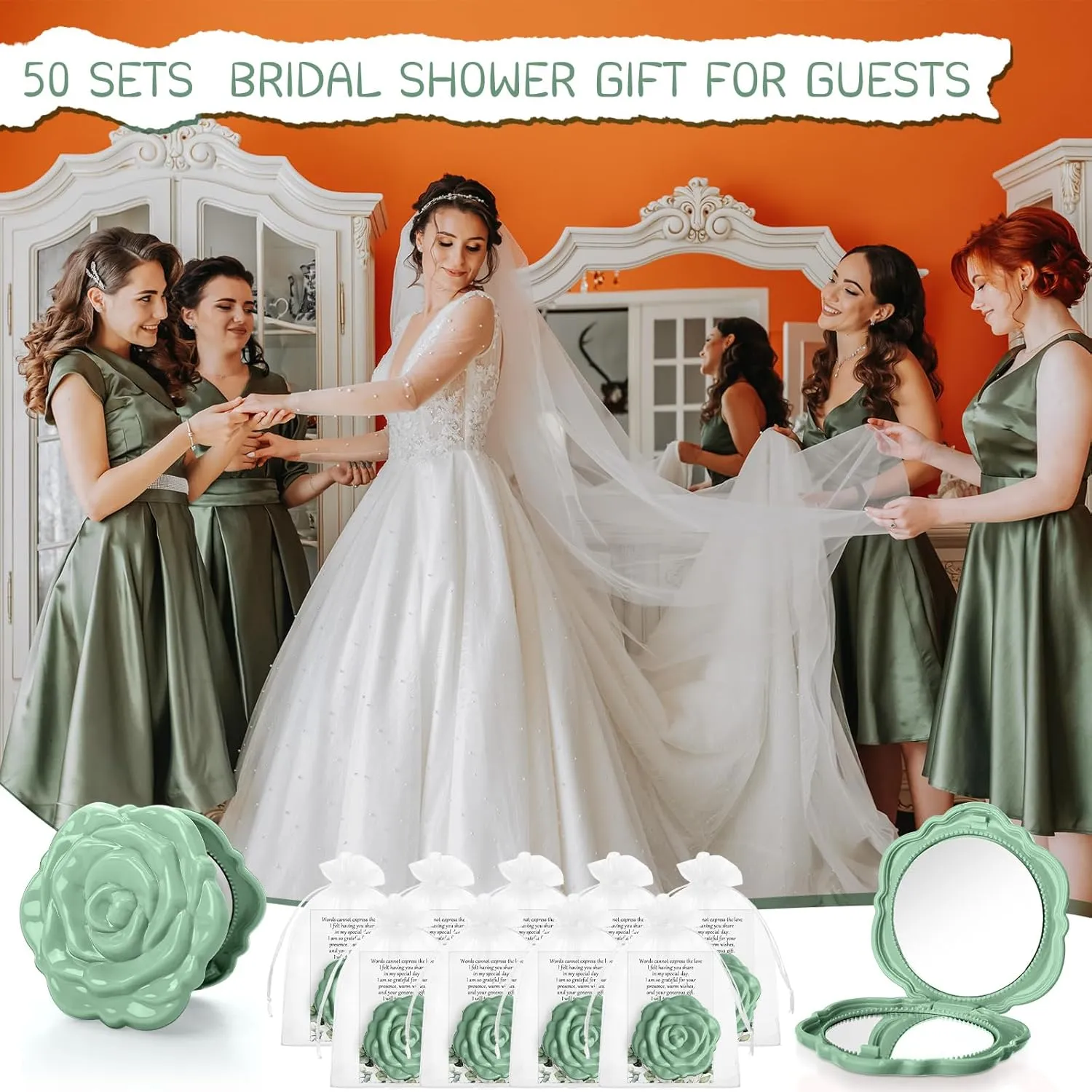 50 Sets Bridal Shower Party Favors for Guests Small Rose Compact Mirror Bulk Wedding Favors Thank You Cards and Organza Bags Wedding Party Guests Souvenir Gift (Green)