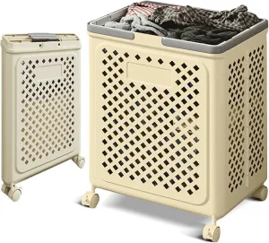 50L small foldable storage basket with wheels and handles, yoga mat storage basket, mesh rolling laundry basket, plastic small rolling gift basket are the best choice to save space