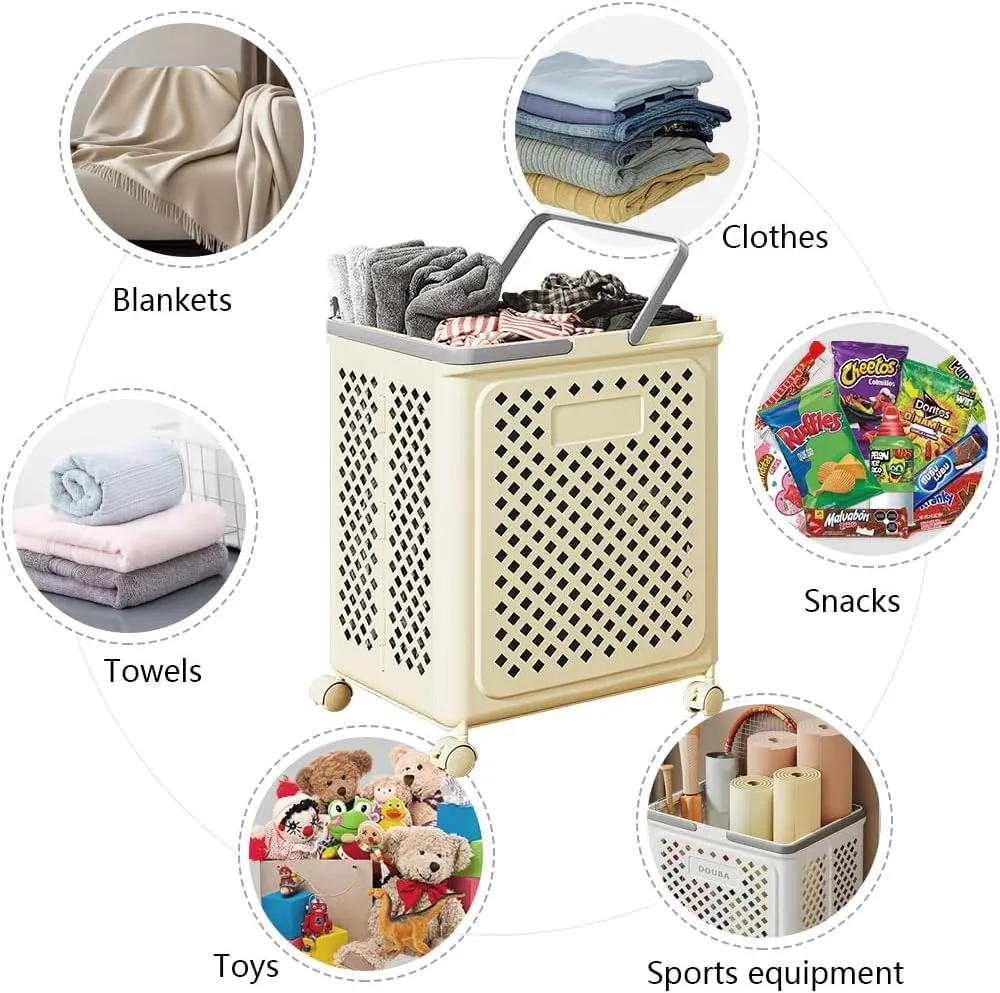 50L small foldable storage basket with wheels and handles, yoga mat storage basket, mesh rolling laundry basket, plastic small rolling gift basket are the best choice to save space