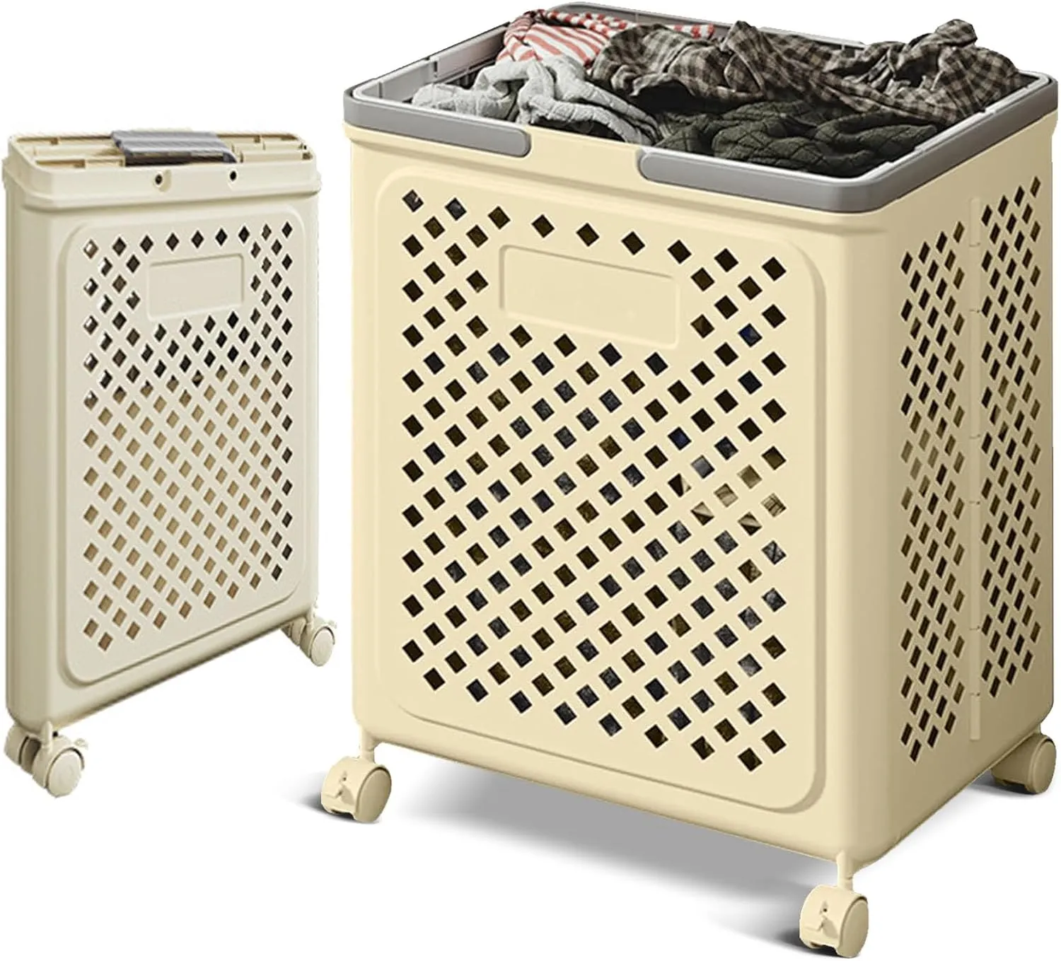 50L small foldable storage basket with wheels and handles, yoga mat storage basket, mesh rolling laundry basket, plastic small rolling gift basket are the best choice to save space