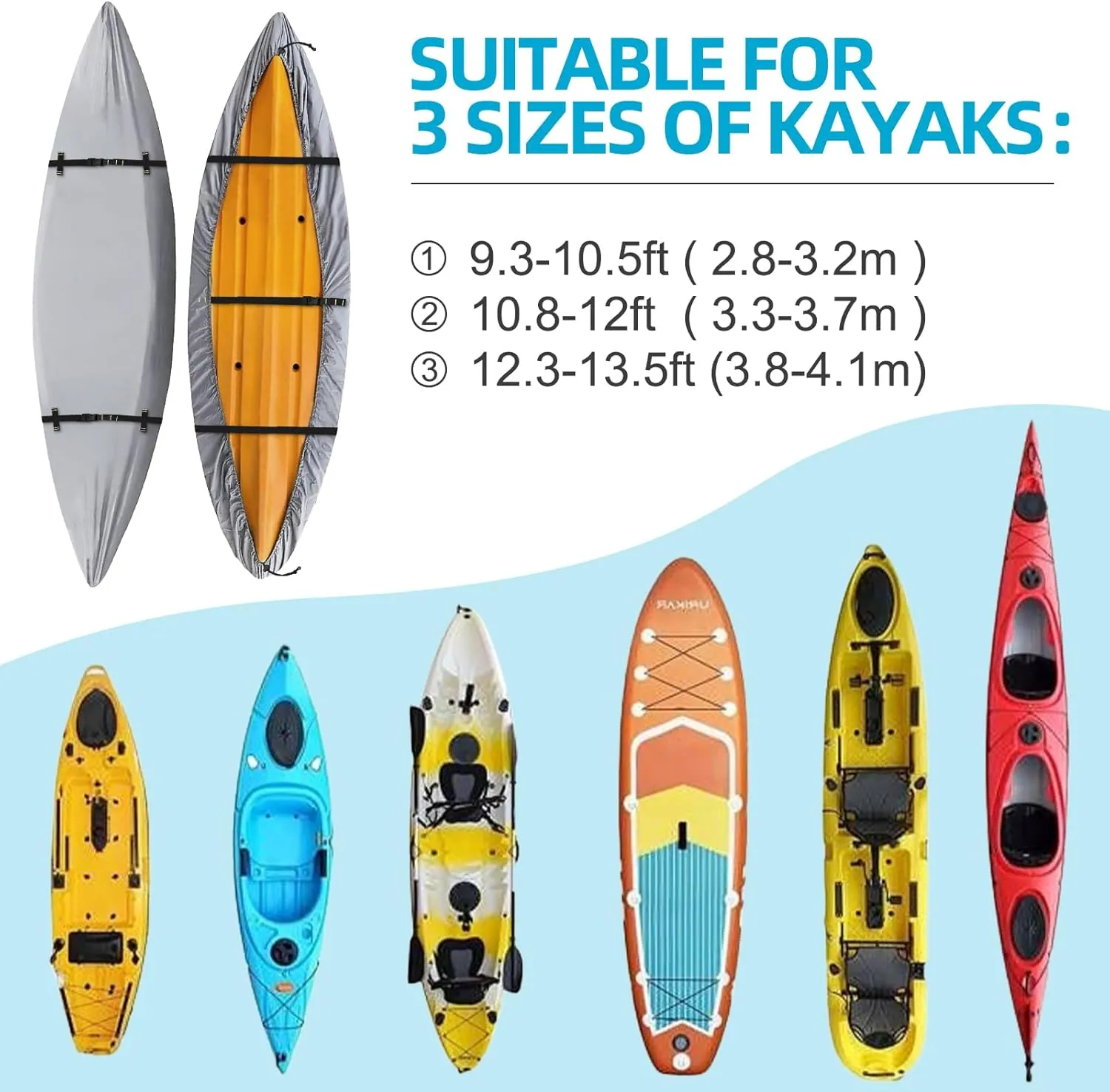 600D Kayak Cover,Heavy Duty Tear Resistant Canoe Cover, Waterproof & UV-Proof Trailerable Kayak Covers for Outdoor and Indoor Storage(Fits 10.8-12ft Gray