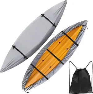 600D Kayak Cover,Heavy Duty Tear Resistant Canoe Cover, Waterproof & UV-Proof Trailerable Kayak Covers for Outdoor and Indoor Storage(Fits 10.8-12ft Gray