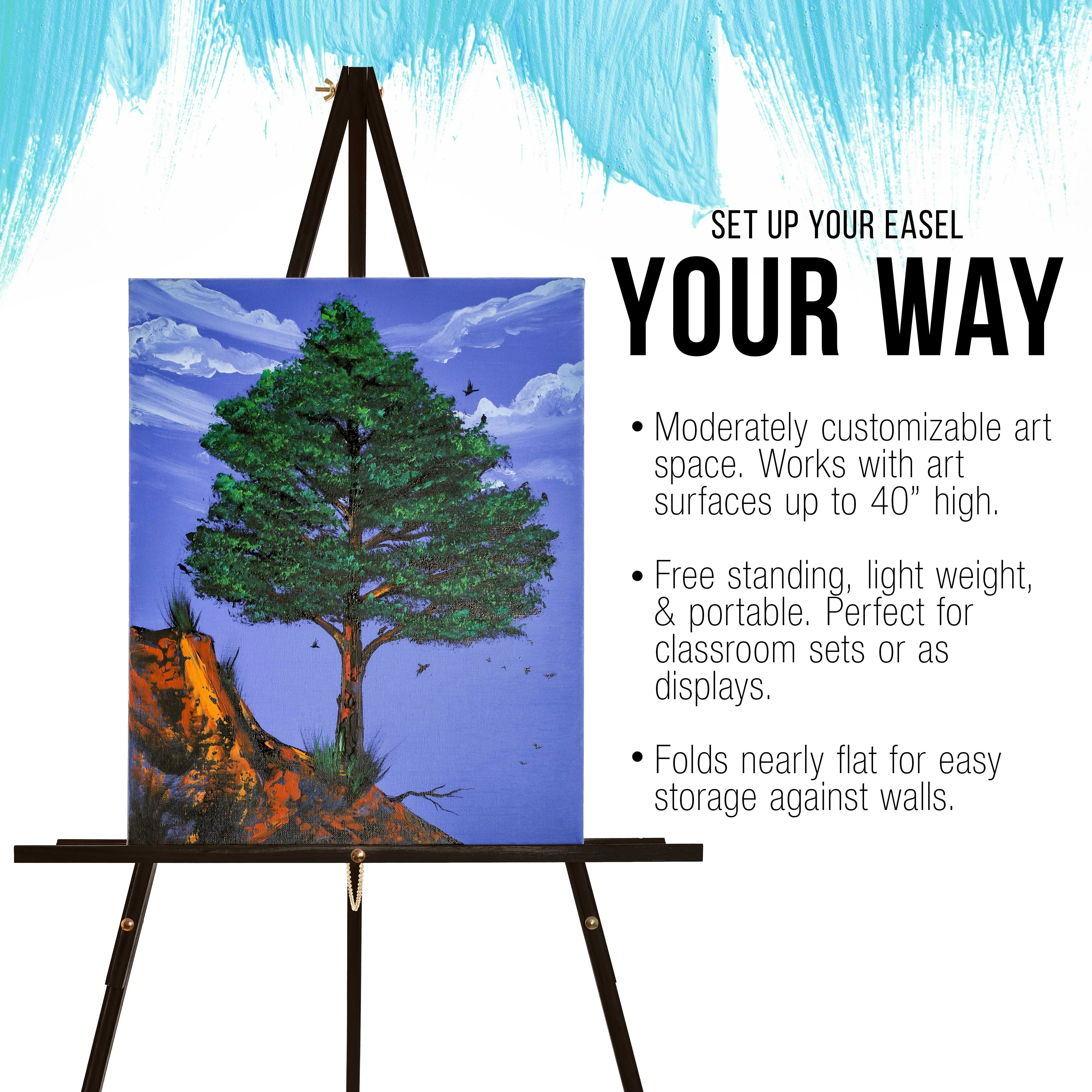 64" High Black Torrey Wooden A-Frame Tripod Studio Artist Floor Easel, Adjustable Tray Height, Hold 40" Canvas, Wood Display Holder Stand for Painting