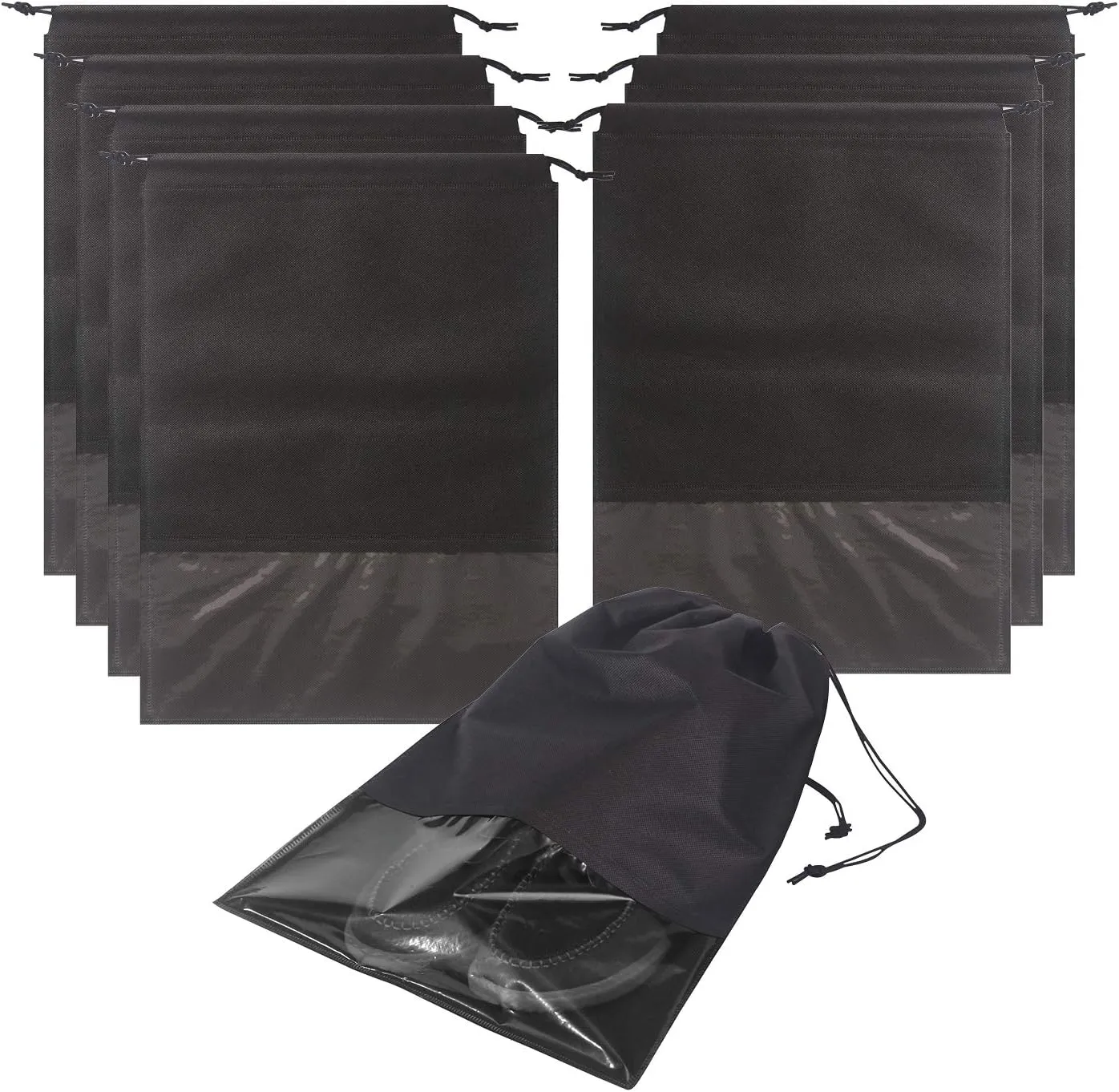 8 PCS Shoe Bags for Travel Non-Woven Large Shoes Pouch Storage Organizer with Rope for Men and Women Black