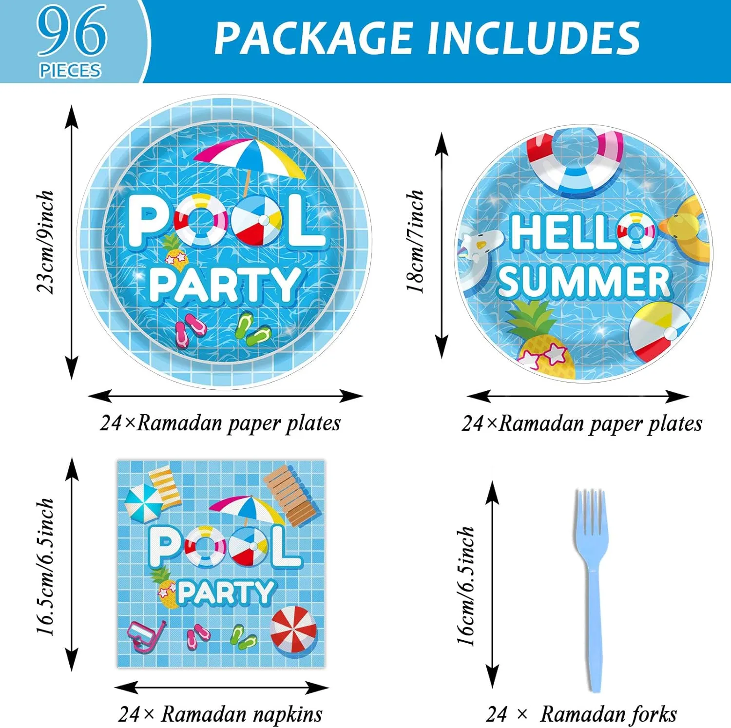 96 Pieces Pool Party Tableware Set for Summer Beach Table Decorations Supplies Beach Ball Birthday Dessert Plates Summer Pool Party Napkins Forks for 24 Guests Hawaiian Pool Birthday Party Favors