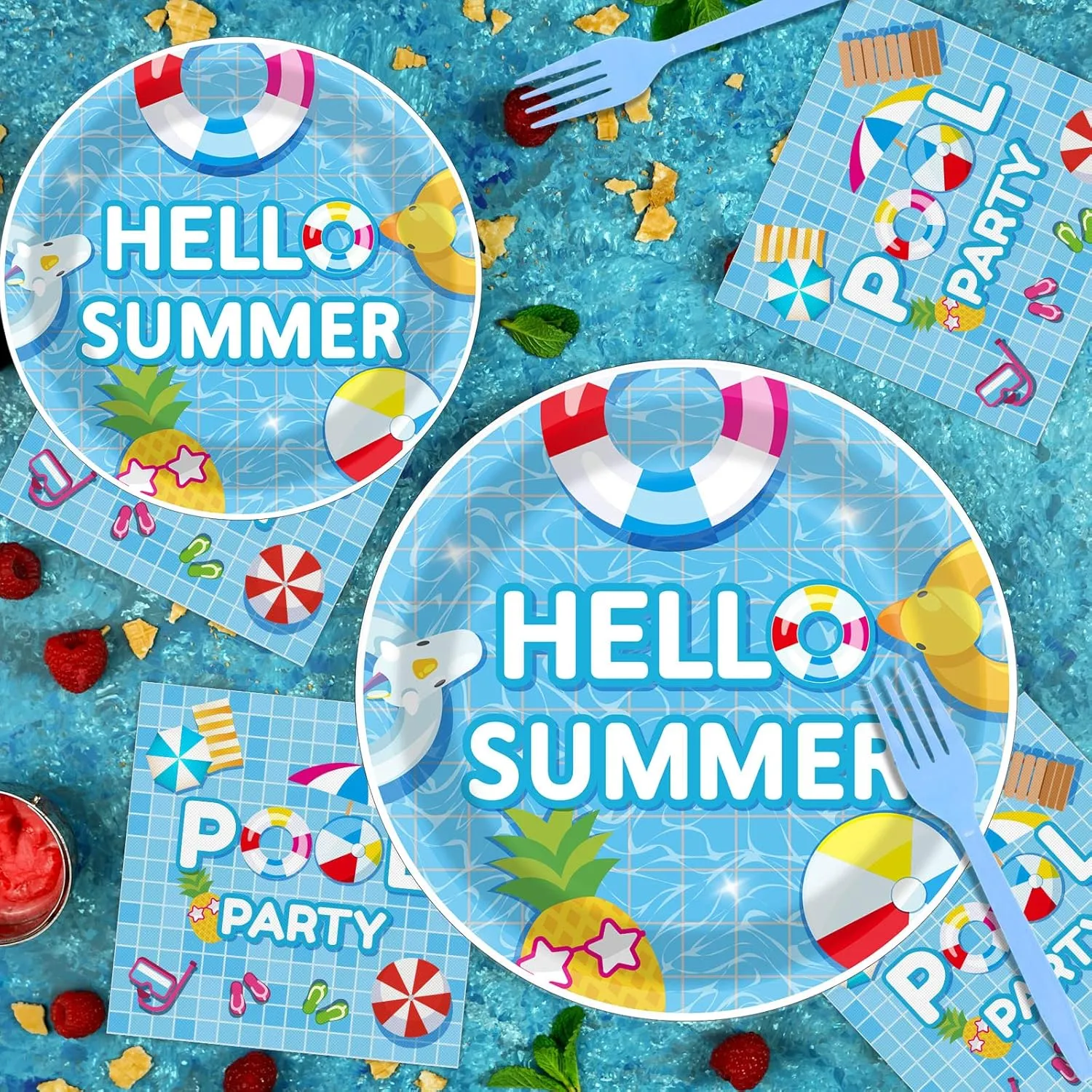 96 Pieces Pool Party Tableware Set for Summer Beach Table Decorations Supplies Beach Ball Birthday Dessert Plates Summer Pool Party Napkins Forks for 24 Guests Hawaiian Pool Birthday Party Favors