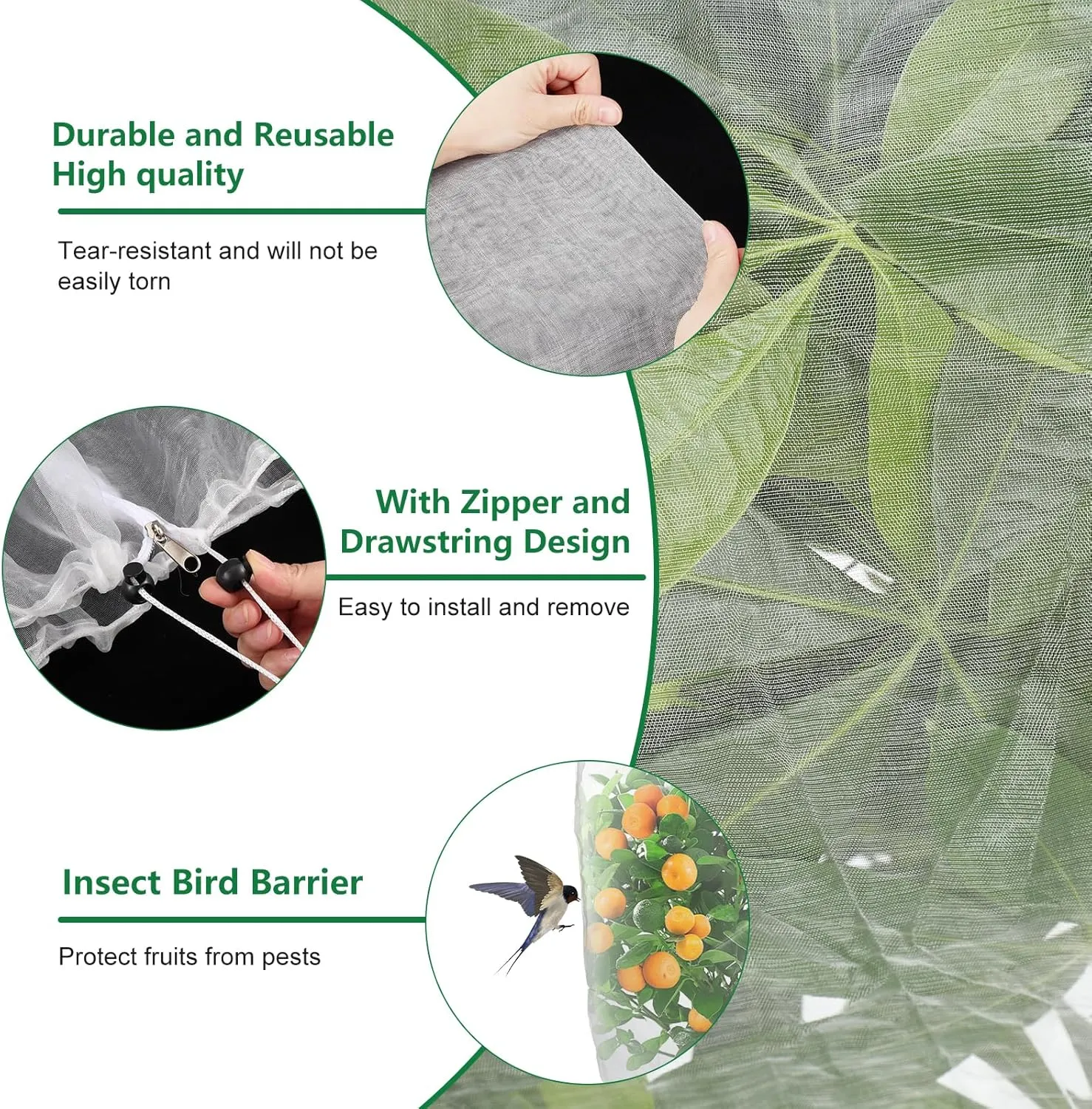 9.8 X 9.8FT Large Fruit Tree Netting with Zipper, Garden Insect Netting Bags Blueberry Bush Bird Barrier Mesh with Drawstring, Tomato Plant Bushes Protector Covers