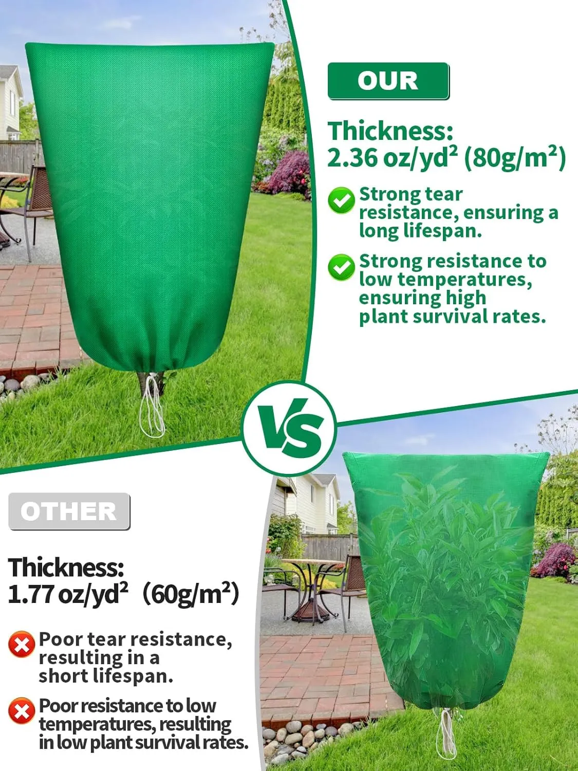 Abimars Thicker Plant Covers Freeze Protection Jacket 2.36 oz/yd², 3.2'x5' Reusable Winter Plant Covers with Drawstring & Zipper, 2 Pack Light, Porous Fabric for Plant Breathing