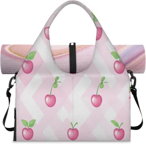 Abstract Pink Cherry Women's Yoga Gym Bag - Adjustable shoulder strap with shoe compartment, large gym bag with multiple pockets for yoga mat, gym equipment and travel accessories