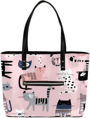 Abstraction Cat Pattern Tote Bag Women Shoulder Handbags PU Leather Everyday Bag with External Pocket Large Capacity Aesthetic Corduroy Tote Bag for Travel Work Party