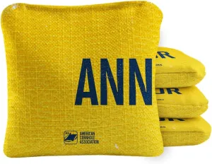 ACA Synergy Pro Dual Sided Cornhole Bags | Ann Arbor Yellow Design | Set of (4) All-Weather Resin Filled Stick & Slide Corn Hole Bags