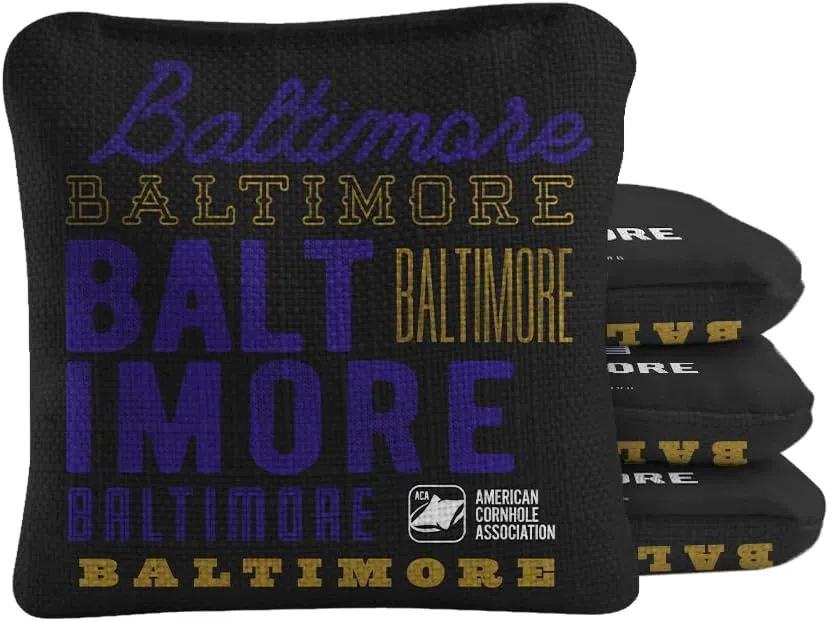 ACA Synergy Pro Dual Sided Cornhole Bags | Baltimore Black Design | Set of (4) All-Weather Resin Filled Stick & Slide Corn Hole Bags