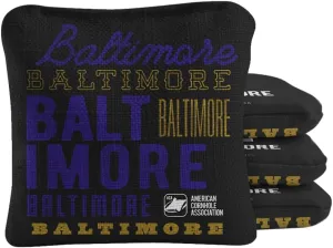 ACA Synergy Pro Dual Sided Cornhole Bags | Baltimore Black Design | Set of (4) All-Weather Resin Filled Stick & Slide Corn Hole Bags
