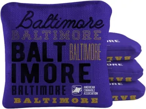 ACA Synergy Pro Dual Sided Cornhole Bags | Baltimore Purple Design | Set of (4) All-Weather Resin Filled Stick & Slide Corn Hole Bags