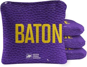 ACA Synergy Pro Dual Sided Cornhole Bags | Baton Rouge Purple Design | Set of (4) All-Weather Resin Filled Stick & Slide Corn Hole Bags