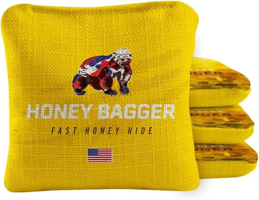 ACA Synergy Pro Dual Sided Cornhole Bags | Honey Bagger Yellow Design | Set of (4) All-Weather Resin Filled Stick & Slide Corn Hole Bags