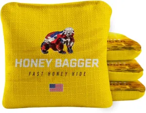 ACA Synergy Pro Dual Sided Cornhole Bags | Honey Bagger Yellow Design | Set of (4) All-Weather Resin Filled Stick & Slide Corn Hole Bags