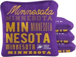 ACA Synergy Pro Dual Sided Cornhole Bags | Minnesota Purple Design | Set of (4) All-Weather Resin Filled Stick & Slide Corn Hole Bags