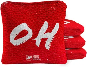 ACA Synergy Pro Dual Sided Cornhole Bags | Ohio Red Design | Set of (4) All-Weather Resin Filled Stick & Slide Corn Hole Bags