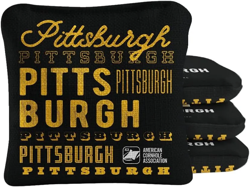 ACA Synergy Pro Dual Sided Cornhole Bags | Pittsburgh Black Design | Set of (4) All-Weather Resin Filled Stick & Slide Corn Hole Bags