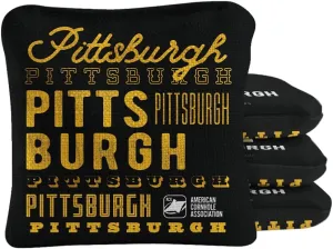 ACA Synergy Pro Dual Sided Cornhole Bags | Pittsburgh Black Design | Set of (4) All-Weather Resin Filled Stick & Slide Corn Hole Bags