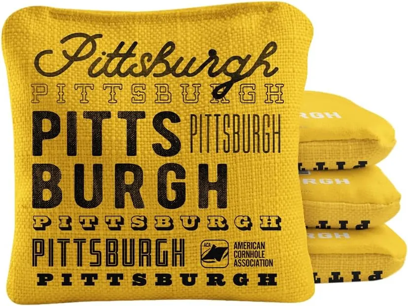 ACA Synergy Pro Dual Sided Cornhole Bags | Pittsburgh Yellow Design | Set of (4) All-Weather Resin Filled Stick & Slide Corn Hole Bags