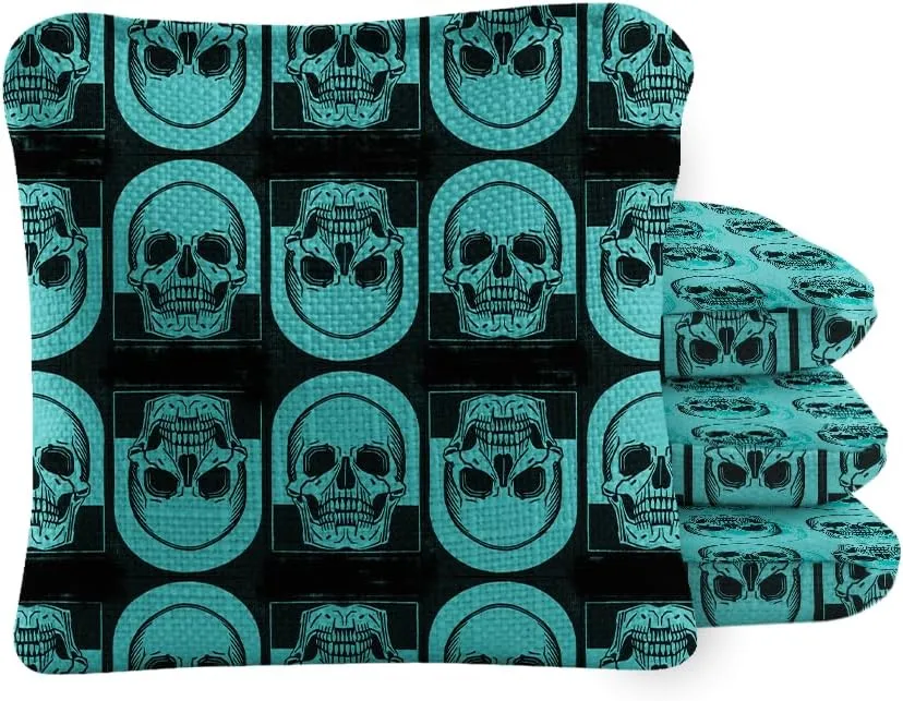 ACA Synergy Pro Dual Sided Cornhole Bags | Skull Teal Design | Set of (4) All-Weather Resin Filled Stick & Slide Corn Hole Bags