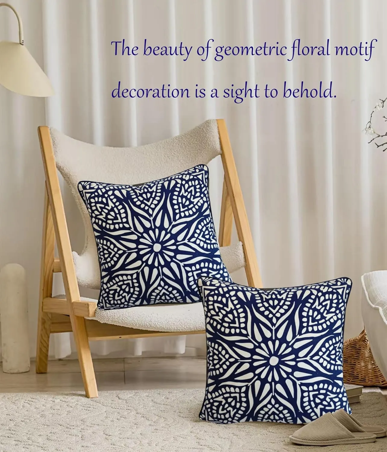 Accent Pillow Cushion Covers 1PC Chartres Mandala 17 x17” Geometric Navy Blue Print White Cotton Canvas Decorative Couch Pillowcase Accent Cushion Shell w/Navy Blue Piping 43X43cm