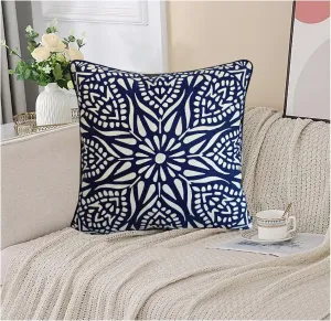 Accent Pillow Cushion Covers 1PC Chartres Mandala 17 x17” Geometric Navy Blue Print White Cotton Canvas Decorative Couch Pillowcase Accent Cushion Shell w/Navy Blue Piping 43X43cm
