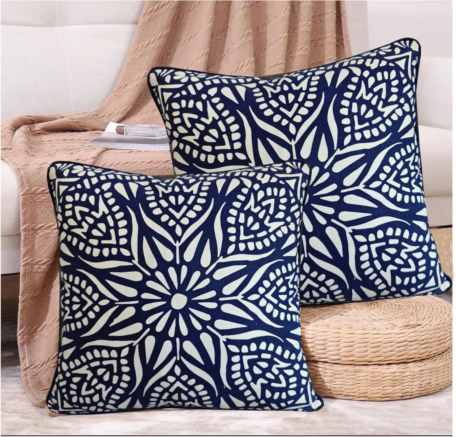 Accent Pillow Cushion Covers 1PC Chartres Mandala 17 x17” Geometric Navy Blue Print White Cotton Canvas Decorative Couch Pillowcase Accent Cushion Shell w/Navy Blue Piping 43X43cm