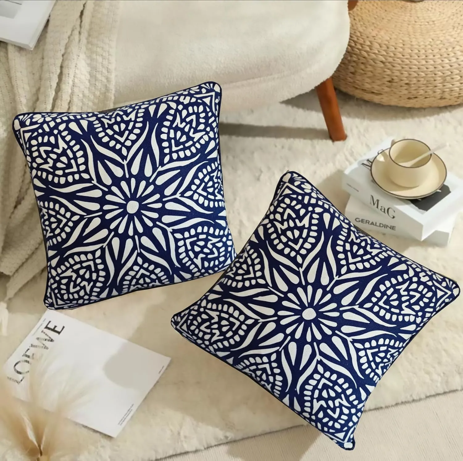 Accent Pillow Cushion Covers 1PC Chartres Mandala 17 x17” Geometric Navy Blue Print White Cotton Canvas Decorative Couch Pillowcase Accent Cushion Shell w/Navy Blue Piping 43X43cm